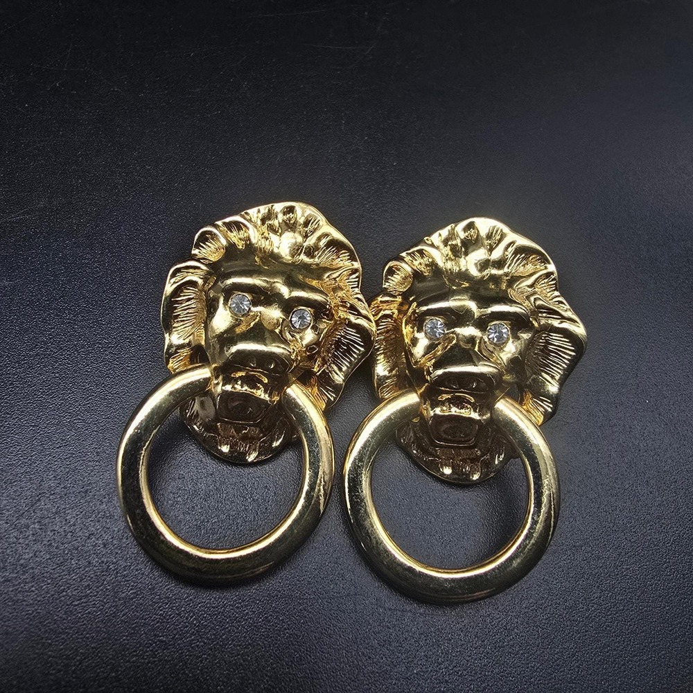 KJL Avon1986 Society Collection Earrings Lion Head Door Knockers Pierced Vintage